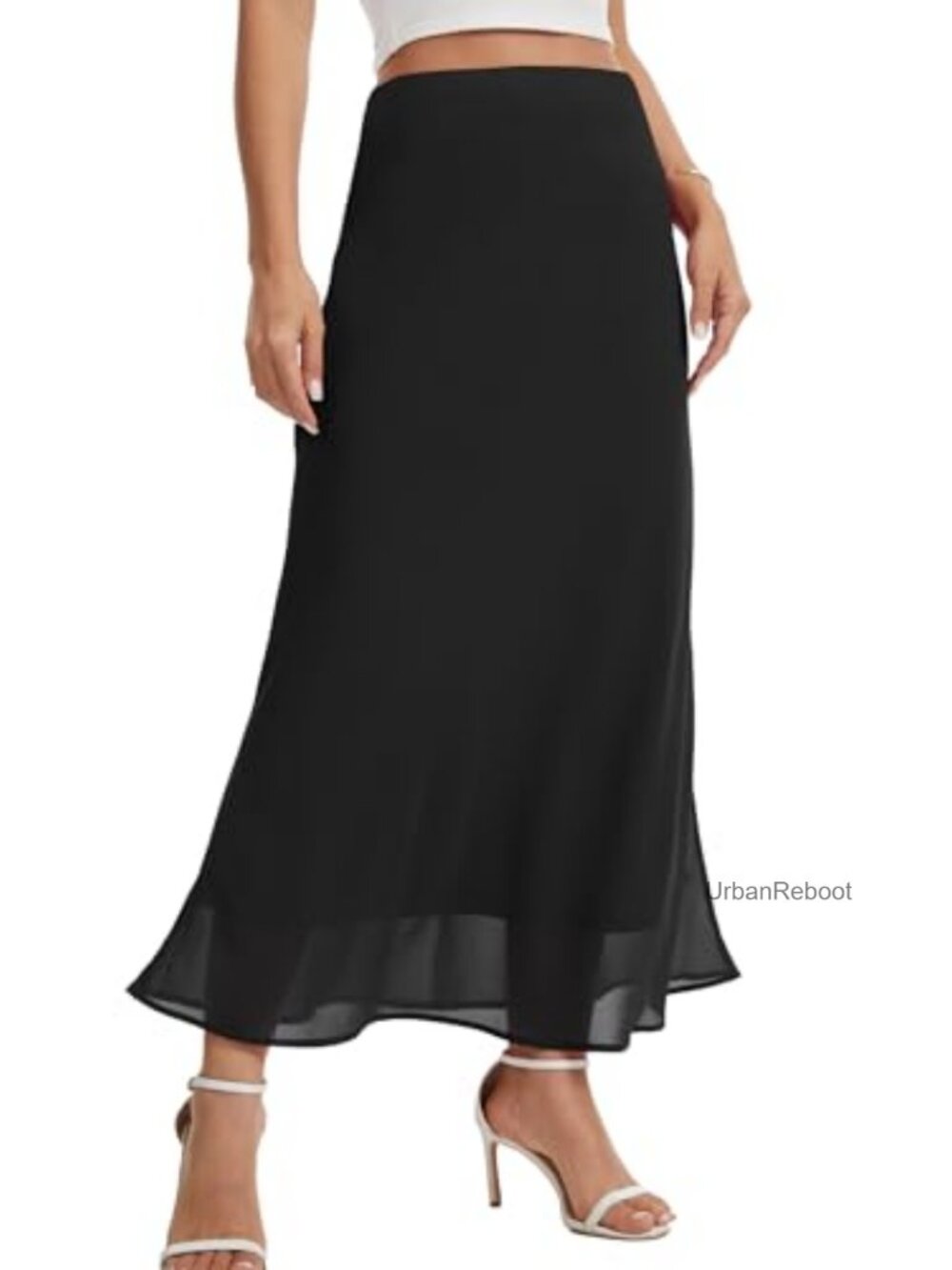 Chiffon Maxi Skirt High Elastic Waist A-Line Flowy Midi Lined Business Casual
